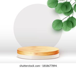 	
Abstract scene background. Cylinder wood podium on white background with leaves. Product presentation, mock up, show cosmetic product, Podium, stage pedestal or platform. Vector illustration