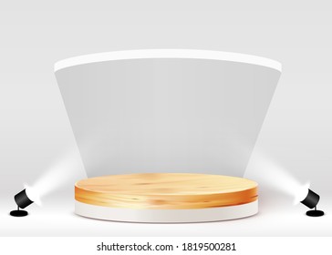  Abstract scene background. Cylinder wood podium on white background. Product presentation, mock up, show cosmetic product, Podium, stage pedestal or platform. Vector illustration