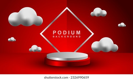 Resumen del fondo de la escena. Podio cilíndrico sobre fondo rojo. Presentaciones de productos, maquetas, presentaciones de productos cosméticos, podiums, peatones o plataformas. Ilustración vectorial eps 10.