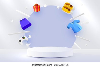 Abstract Scene Background With Fashion Items. Cylinder Podium On White Background. Product Presentation, Mock Up. Sale Concept. Vector Illustration