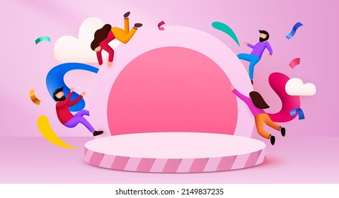 Abstract scene background with flying people. Product presentation, mock up, show cosmetic product, Podium, stage pedestal or platform. Vector illustration