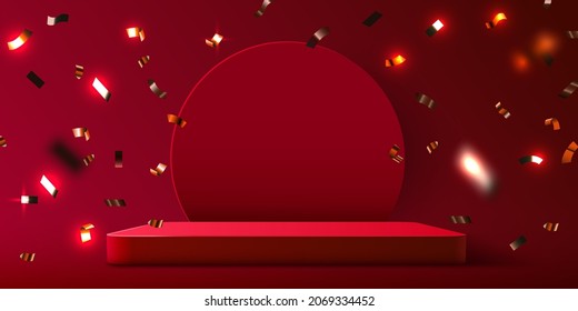 Abstract scene background. Podium background with confetti. Product presentation, mock up, show cosmetic product, Podium, stage pedestal or platform. Vector illustration