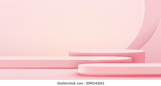 Abstract scene background. Podium on pink background. Product presentation, mock up, show cosmetic product, Podium, stage pedestal or platform. Vector illustration