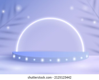 Abstract scene background. Product presentation, mock up, show cosmetic product, Podium, stage pedestal or platform. Vector illustration, Stage with neon illuminated podium and floral shadow
