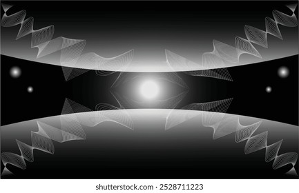 Escena Abstractas con luz blanca brillante flotando sobre un horizonte negro, con líneas ondulatorias blancas dinámicas. Elegante efecto futurista y minimalista