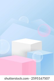 Abstract scene with bubbles on a blue sky. Geometry shape podium background.