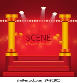 Abstract scene with columns and stairs illuminated spotlights.Glowing effect for people or product advertising