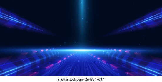Escena Abstractas elegante líneas de luz de flecha azul sobre fondo oscuro con efecto de iluminación y brillo. Efecto de desenfoque de movimiento de velocidad sobre fondo azul oscuro. Ilustración vectorial