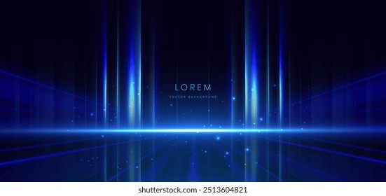 Abstract scene elegant blue light lines on dark background with lighting effect and sparkle. Vector illustration