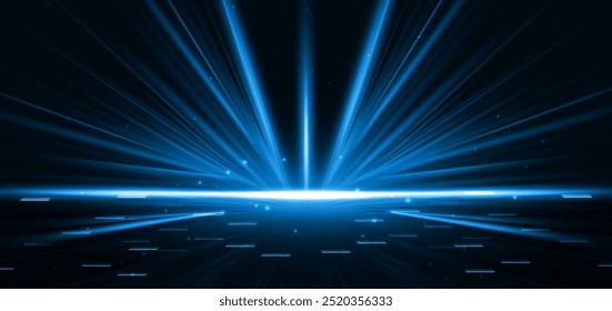 Abstract scene elegant blue light lines on dark background with lighting effect and sparkle. Vector illustration