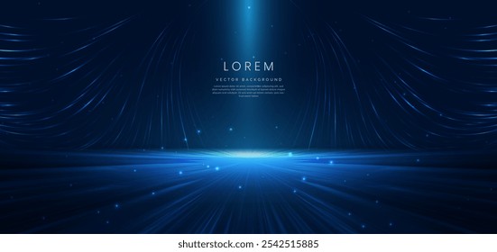 Abstract scene elegant blue light lines on dark background with lighting effect and sparkle. Vector illustration