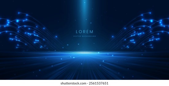 Abstract scene elegant blue light lines on dark background with lighting effect and sparkle. Vector illustration