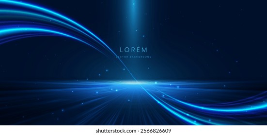 Abstract scene elegant blue light lines on dark background with lighting effect and sparkle. Vector illustration