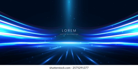 Abstract scene elegant blue light lines on dark background with lighting effect and sparkle. Vector illustration