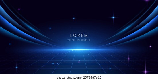 Abstract scene elegant blue light lines on dark background with lighting effect and sparkle. Vector illustration