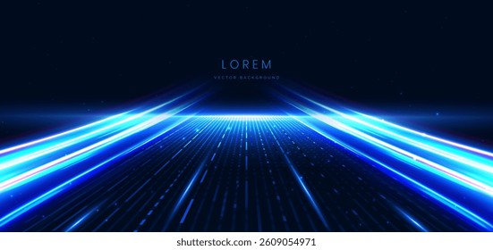 Abstract scene elegant blue light lines on dark background with lighting effect and sparkle. Vector illustration