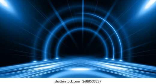 Abstrakte Szene elegante blaue helle Linien auf dunklem Hintergrund mit Lichteffekt und glitzern. Vektorgrafik
