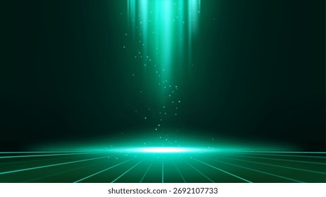 Abstract Scene Elegant Emerald Light Lines on Dark Background with Lighting Effect and Sparks, Vector Illustration