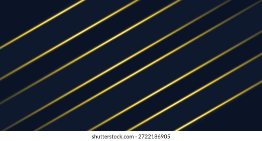 Escena Abstractas de líneas de luz doradas elegantes sobre fondo azul oscuro con efecto de iluminación y brillo y espacio de copia para texto. colección de fondo azul de lujo, Ilustración vectorial.