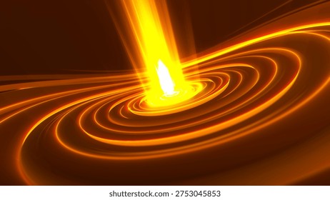 An abstract scene featuring a vibrant stream of energy erupting through concentric rings of light. The golden-orange glow creates the effect of a powerful energy source or cosmic phenomenon.