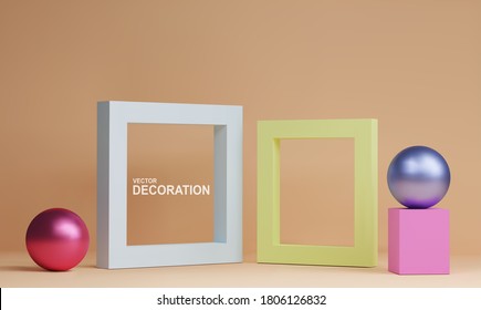 Abstract scene with frames, cube and spheres. Realistic vector illustration. Modern Template for design, advertising, product promotion, presentation, banner in pastel colors