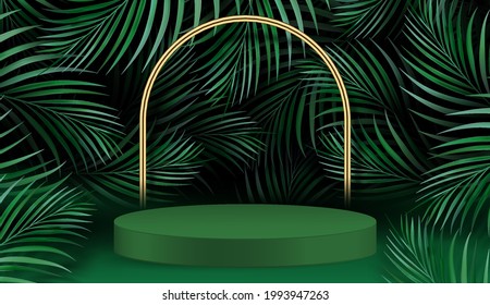 Abstract scene with geometric forms. cylinder podium in green background with palm leaves. Product presentation, mockup, show product, podium, stage pedestal or platform. 3d vector illustration.
