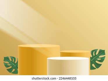 Abstract scene with geometric forms show product yellow background
