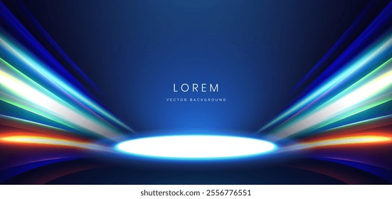 Abstract scene glowing curved ray lines curved on dark background with podium glowing neon lights in futuristic. Concept technology, gamer. Vector illustration