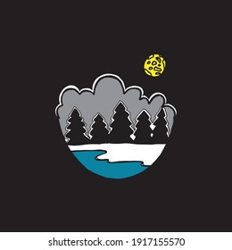 abstract scene on night background. pine forest scenery with moonlight. lake and pine forest icon. vector illustration. hand drawn vector. doodle for logo, label, web icon, poster, banner. 