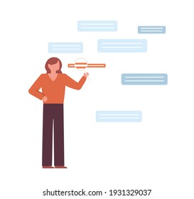 Abstract scene with person searching and analyzing information from different sources. Concept of research and studying. Colored flat vector illustration of woman with magnifier looking for info