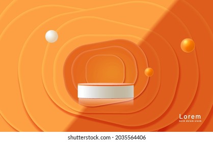 Abstract scene with podium, air flying geometric bubble shapes on orange background.