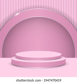 Abstract scene round display for product. 3d podium in pink background with pink and silver circles. Abstract stage luxury pedestal or platform. 3d vector illustration.