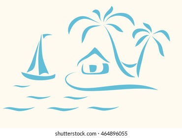 Abstract scene of sea, island, palm trees with hammock and hut on island.