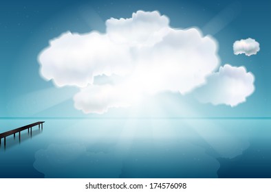 Abstract scene with the sea, pier, clouds and rays - vector illustration