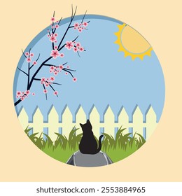 Abstract scenery of a cat, sun, sky, grass, fence, cherry blossom tree on a circle , isolated on a cream colour back ground ,all layers are single for any coustomization ,eps 10 vector illustration.