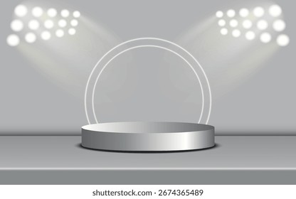 Abstract scenic background. Cylindrical podium with background. Product presentation, mock-up, cosmetic product exhibition, podium, stage, or platform. Vector illustration.