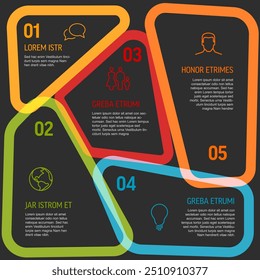 Plantilla de esquema Abstractas con cinco secciones de color o Plantilla de progreso con cinco pasos sobre fondo negro con íconos de números y una breve descripción de la muestra. Infográfico multipropósito