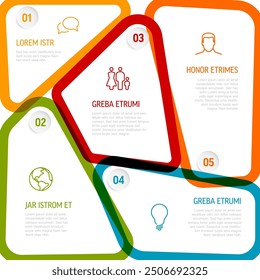 Plantilla de esquema Abstractas con cinco secciones de color pastel o Plantilla de progreso con cinco pasos sobre fondo blanco con íconos de números y una breve descripción de la muestra. Infográfico multipropósito