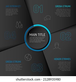 Plantilla de esquema abstracta con cuatro secciones en fondo gris oscuro con iconos de números grandes y alguna descripción. Plantilla infográfica multipropósito - versión azul oscuro