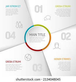 Abstract schema template with four sections steps on white background with big numbers icons and some description. Multipurpose infographic template