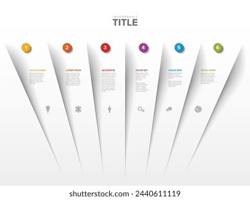 Plantilla de esquema abstracto con seis secciones de paso sobre fondo blanco dividido por sombra clara con iconos de números y alguna descripción. Plantilla de infografía multipropósito