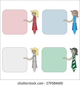 abstract schematic businessman woman serving in a tie is worth about a poster for text and points to it