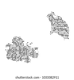 Abstract schematic map of Antigua and Barbuda from the black printed board, chip and radio component of vector illustration