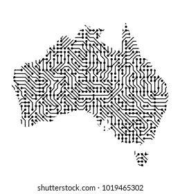 Abstract schematic map of Australia from the black printed board, chip and radio component of vector illustration