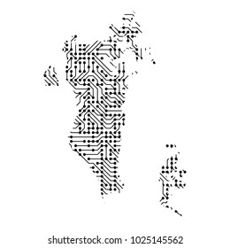 Abstract schematic map of Bahrain from the black printed board, chip and radio component of vector illustration
