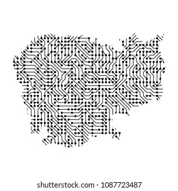 Abstract schematic map of Cambodia from the black printed board, chip and radio component. Computer electronics processor motherboard. Vector illustration. 