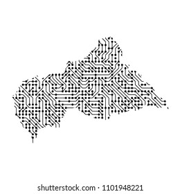 Abstract schematic map of Central African Republic from the black printed board, chip and radio component. Computer electronics processor motherboard. Vector illustration. 