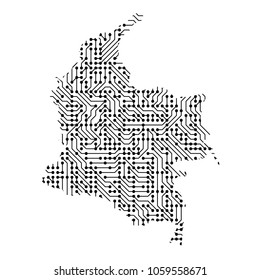 Abstract schematic map of Colombia from the black printed board, chip and radio component of vector illustration