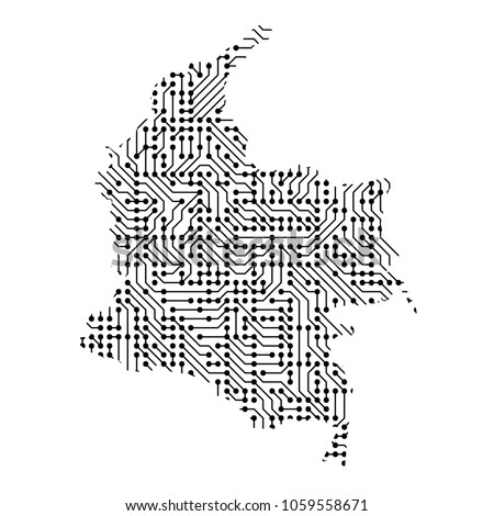 Abstract schematic map of Colombia from the black printed board, chip and radio component of vector illustration