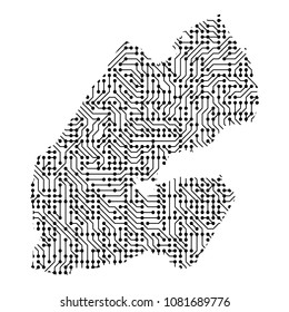 Abstract schematic map of Djibouti from the black printed board, chip and radio component of vector illustration